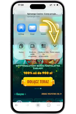 Rozwinięte menu akcji w Safari na iOS